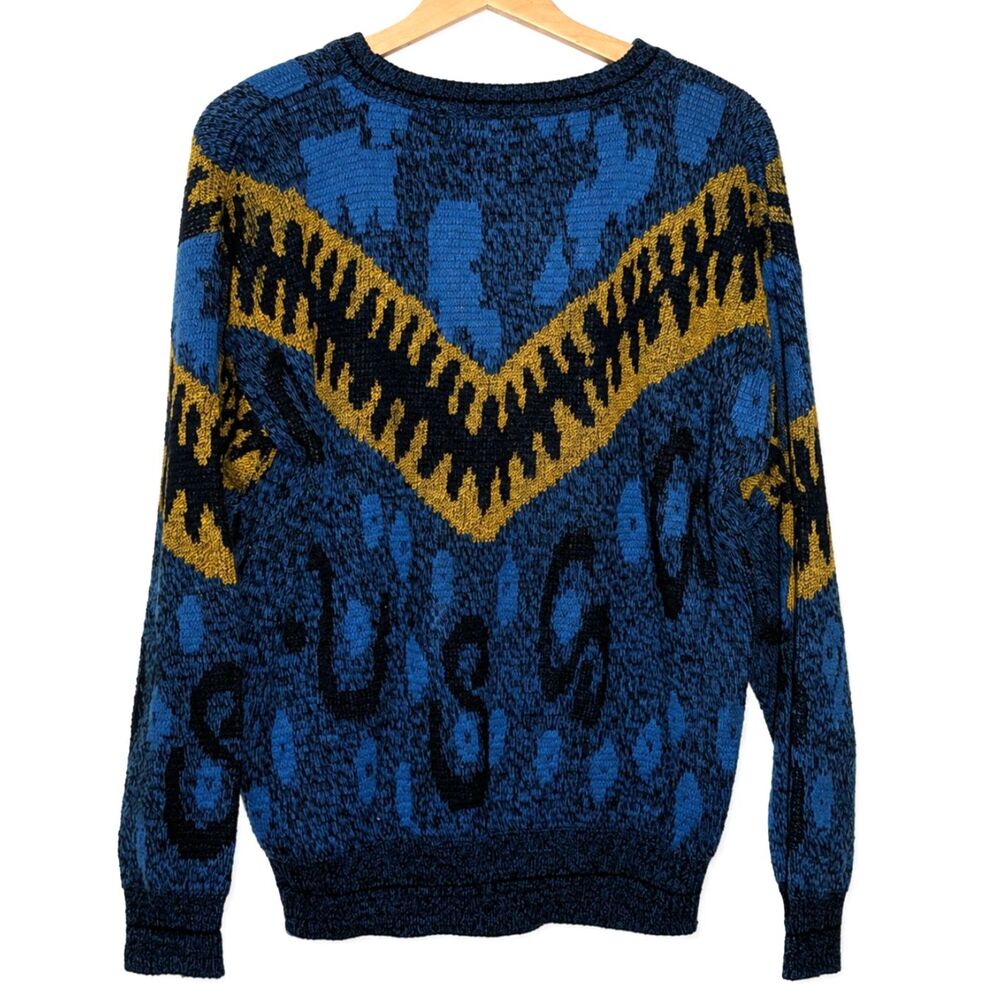 Vintage 80s 90s City Streets Blue Mustard Chevron Geometric Knit Sweater L - Picture 3 of 4
